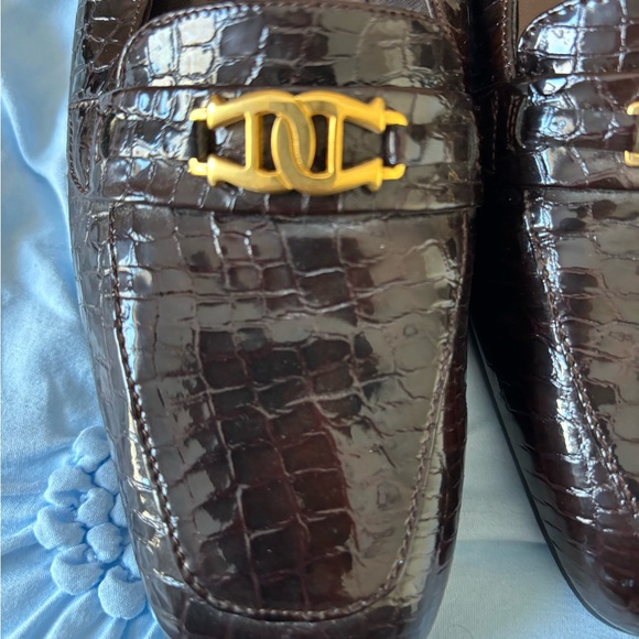 Etienne Aigner Dark Brown Croc-Embossed Leather Loafers with Gold Accent - Picture 6 of 8